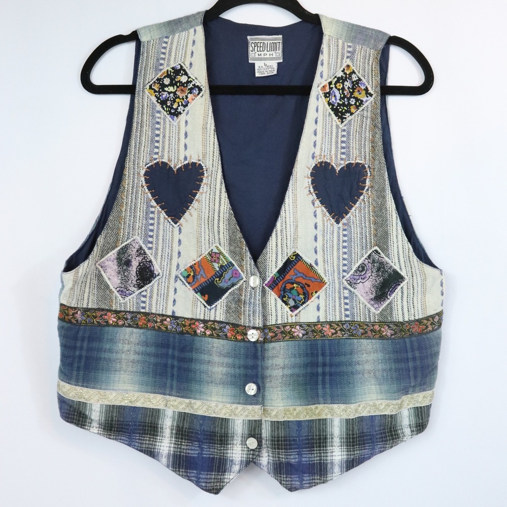 Vintage Speed Limit MPH Patchwork Heart Vest Plaid 100% Cotton Size Large READ